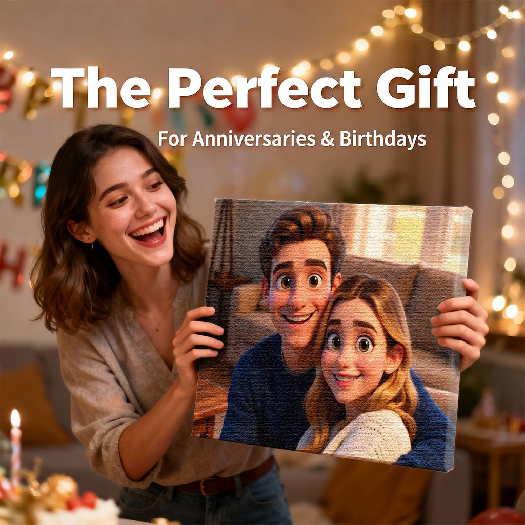 Custom 3D Cartoon Couple Portrait - Personalized Pixar-Style Gallery Canvas from Your Photo